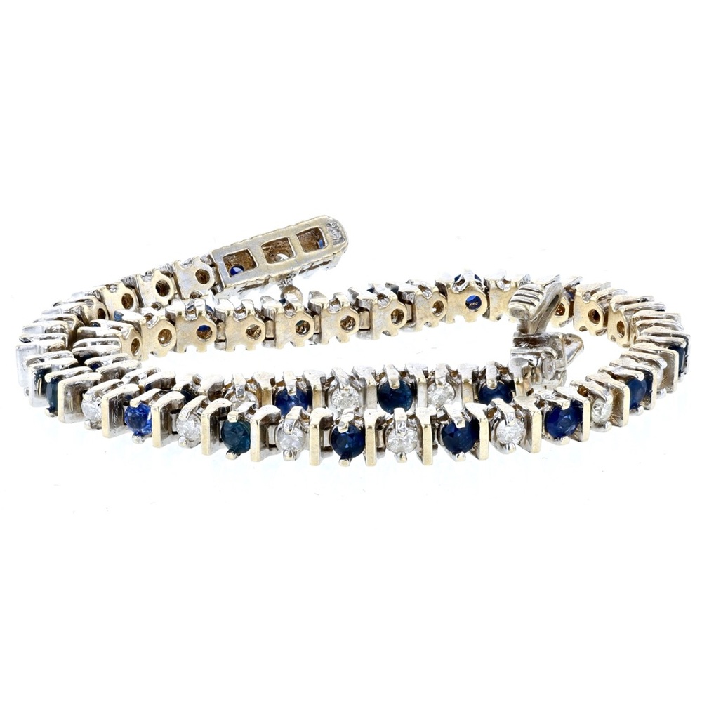 14K White Gold Diamond & Sapphire Tennis Bracelet - 7”
